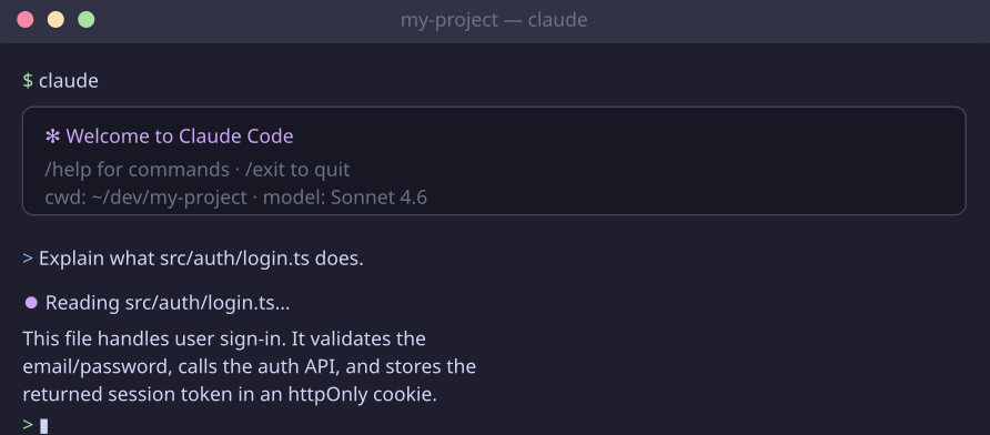 Claude Code welcome screen answering a question about a source file