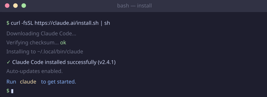 Terminal showing the Claude Code install script running to completion