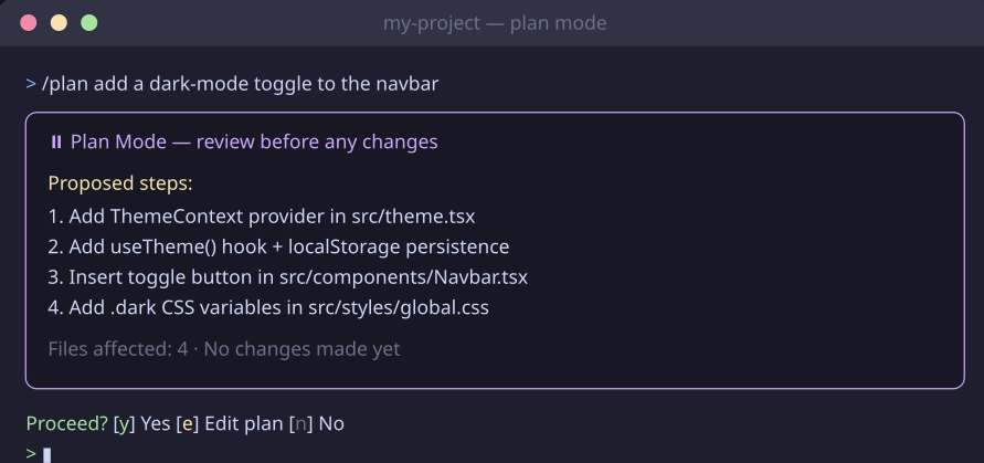 Plan Mode listing proposed steps and waiting for approval